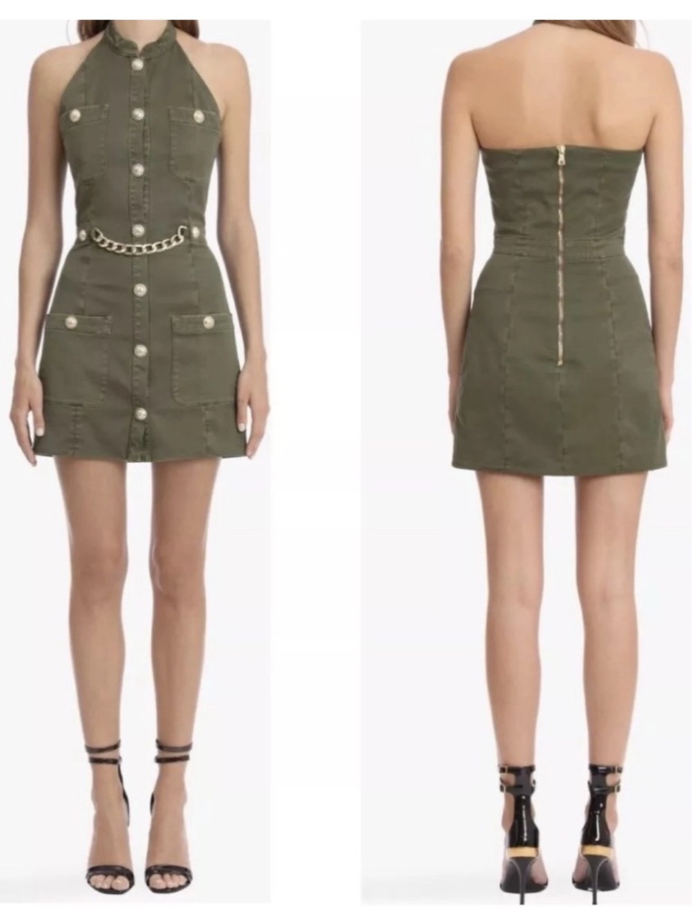 BALMAIN Military Green Khaki Cotton Halter Mini Dress with Gold Chain Belt - Picture 14 of 14